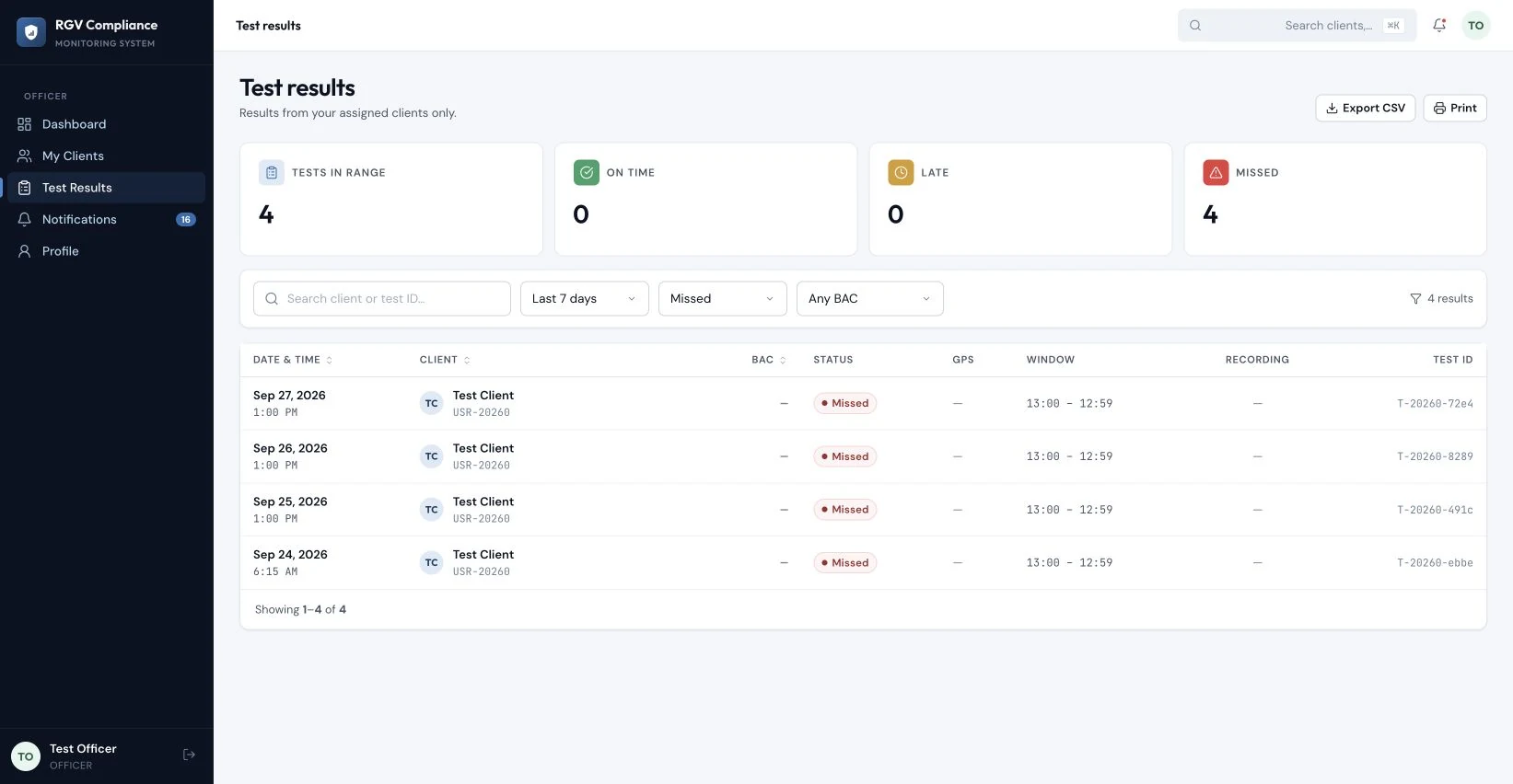 RGV Compliance test results interface with demonstration data